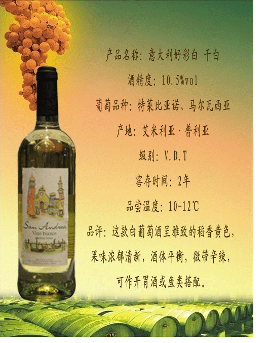 金橡酒窖意大利进口葡萄酒好彩白