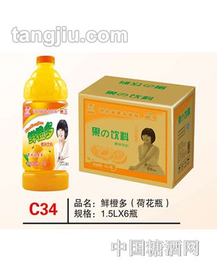 C34 品名：鲜橙多（荷花瓶） 规格：1.5Lx6瓶