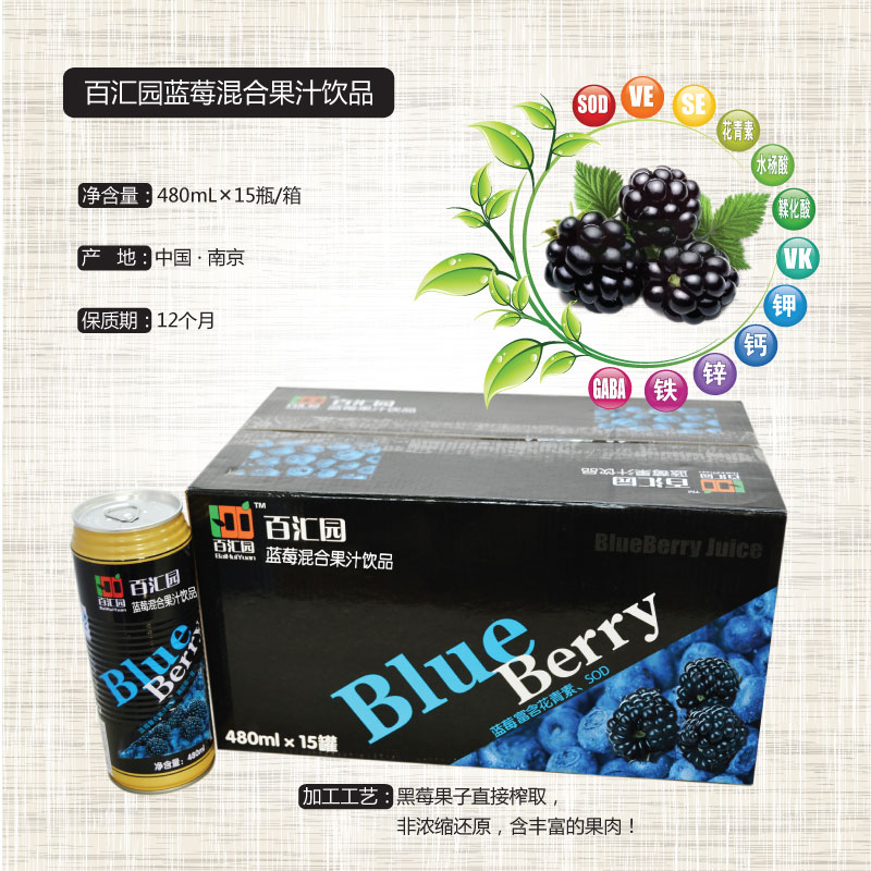百汇园蓝莓混合果汁饮品饮料480ml 整箱 护眼 防辐射 