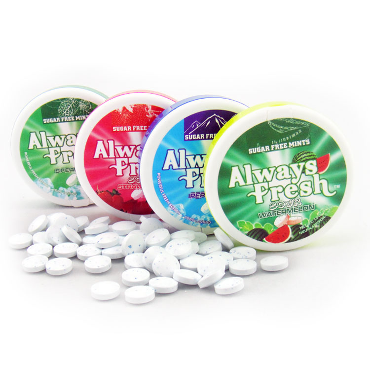 Always Fresh塑料大圆盒无糖薄荷糖系列口味 OEM贴牌代