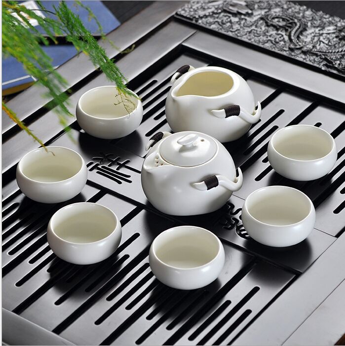 供应青釉雕刻龙纹8头茶具  手绘福禄图如意茶具