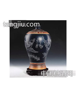 老鼎酱景德镇黑色龙凤雕刻瓶30斤装